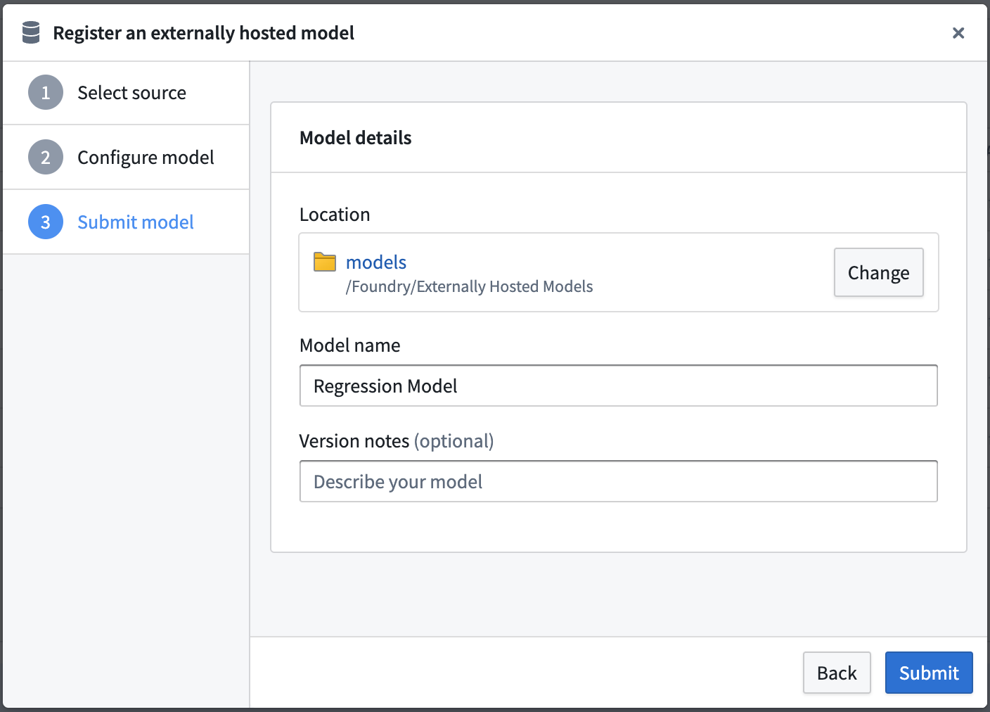 Define model save location for an externally hosted model in Palantir Foundry