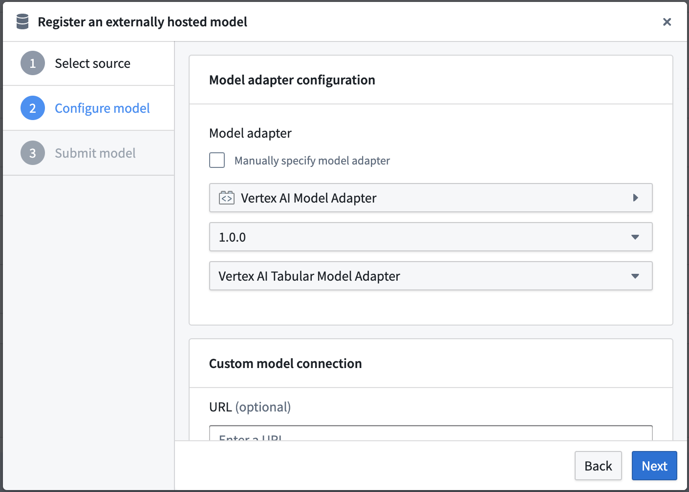 Model Adapter configuration panel for Vertex AI in Palantir Foundry