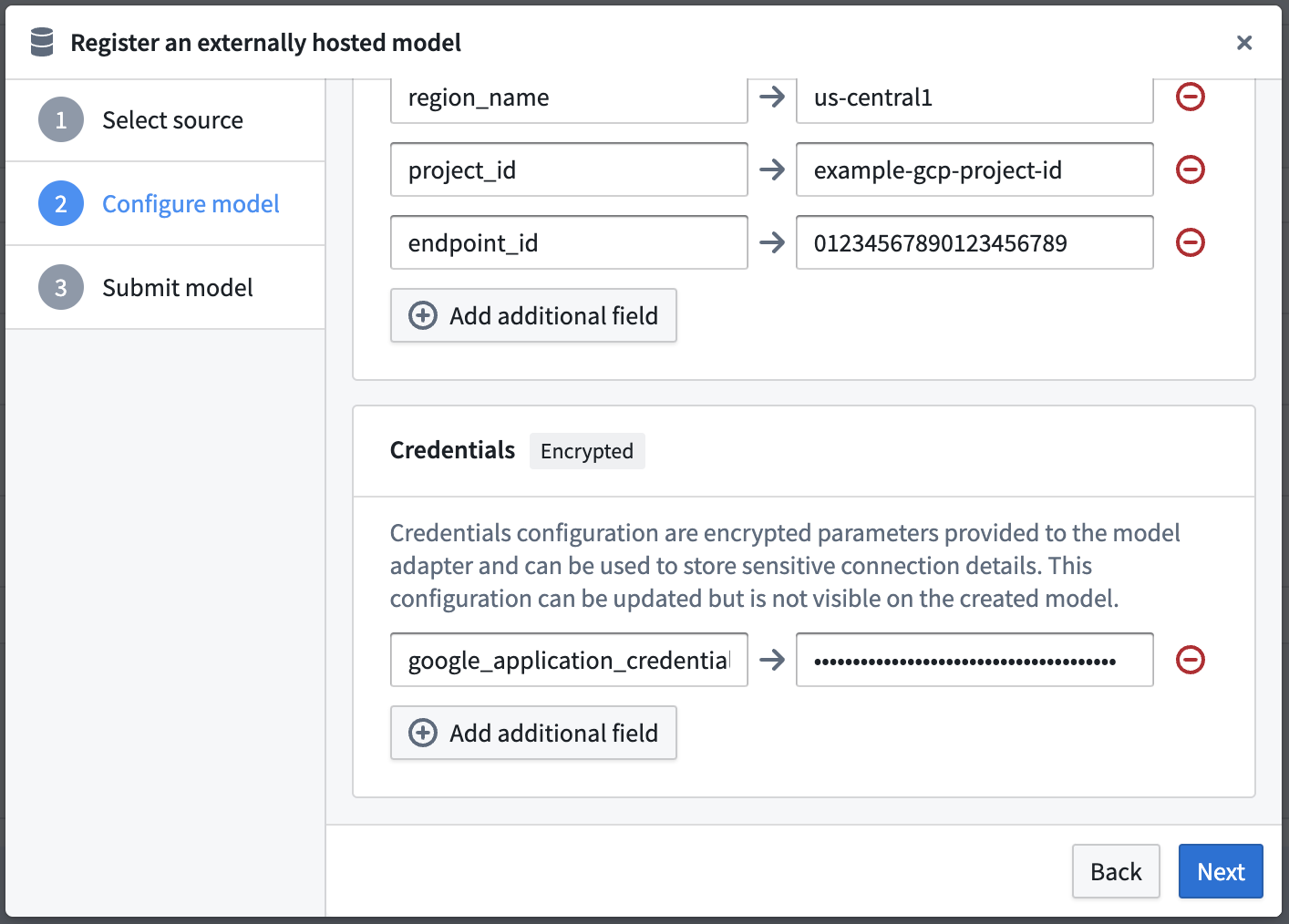 Credentials configuration panel for Vertex AI in Palantir Foundry