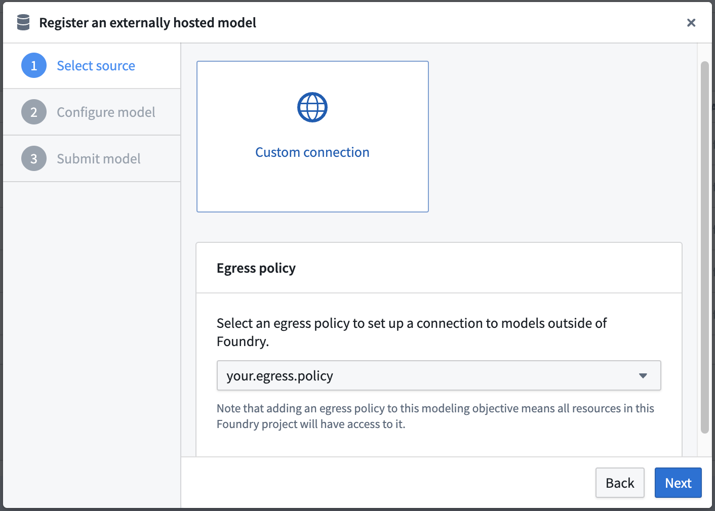 Select an egress policy for an externally hosted model in Palantir Foundry