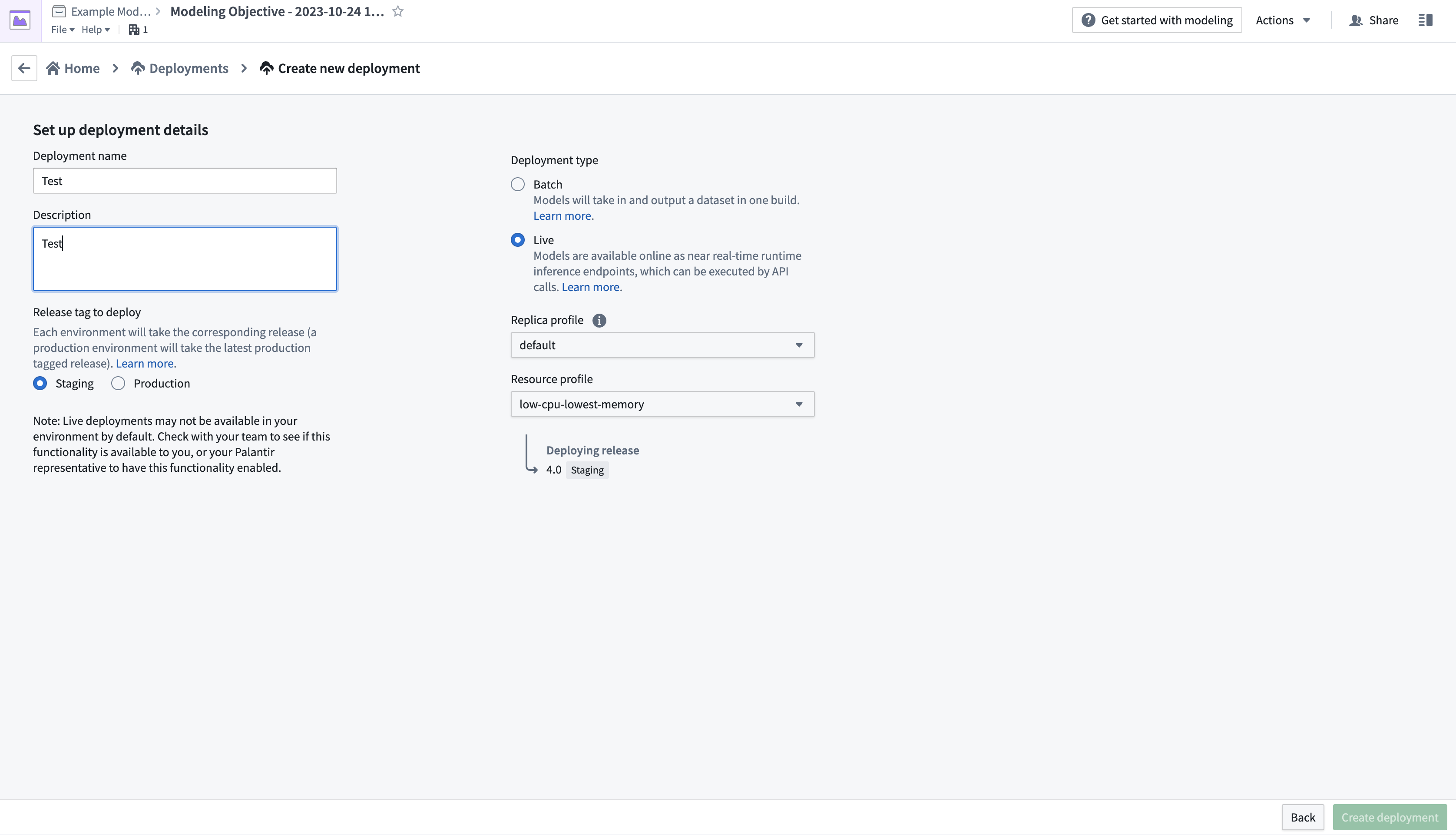 The Create a new deployment page, with options for setting up a new model deployment.