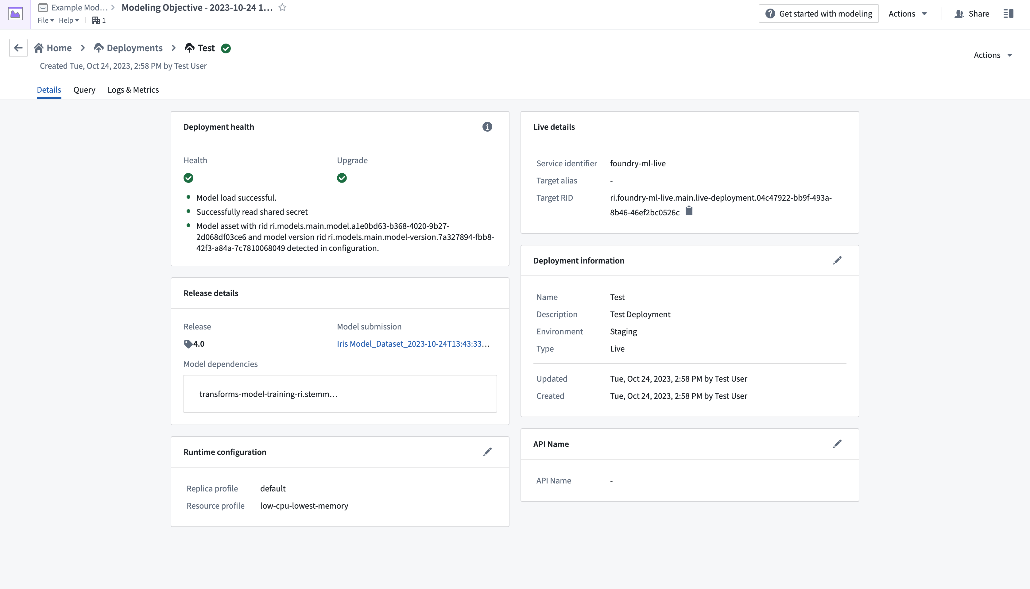 The test details page for the model deployment. 