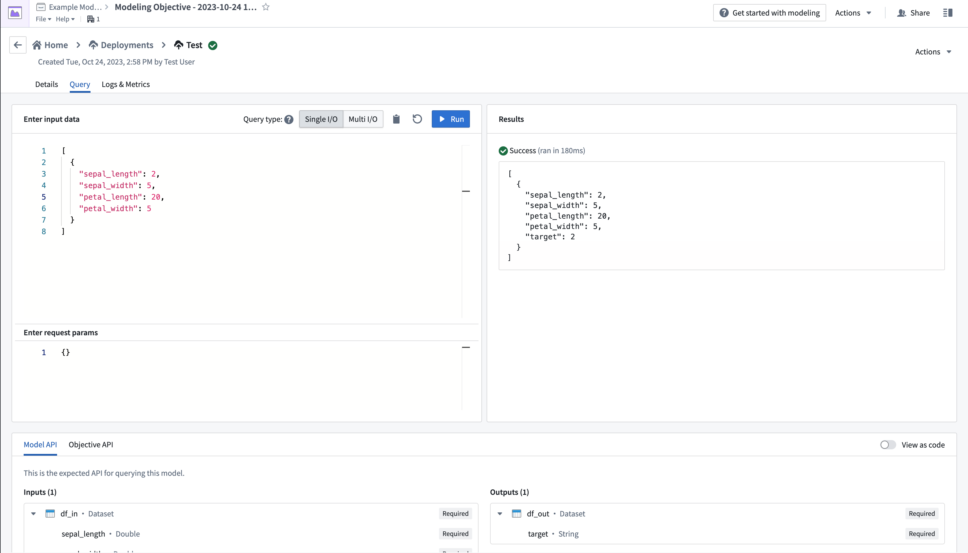 The Query page for the deployment test, with sections for entering inputs and viewing results.