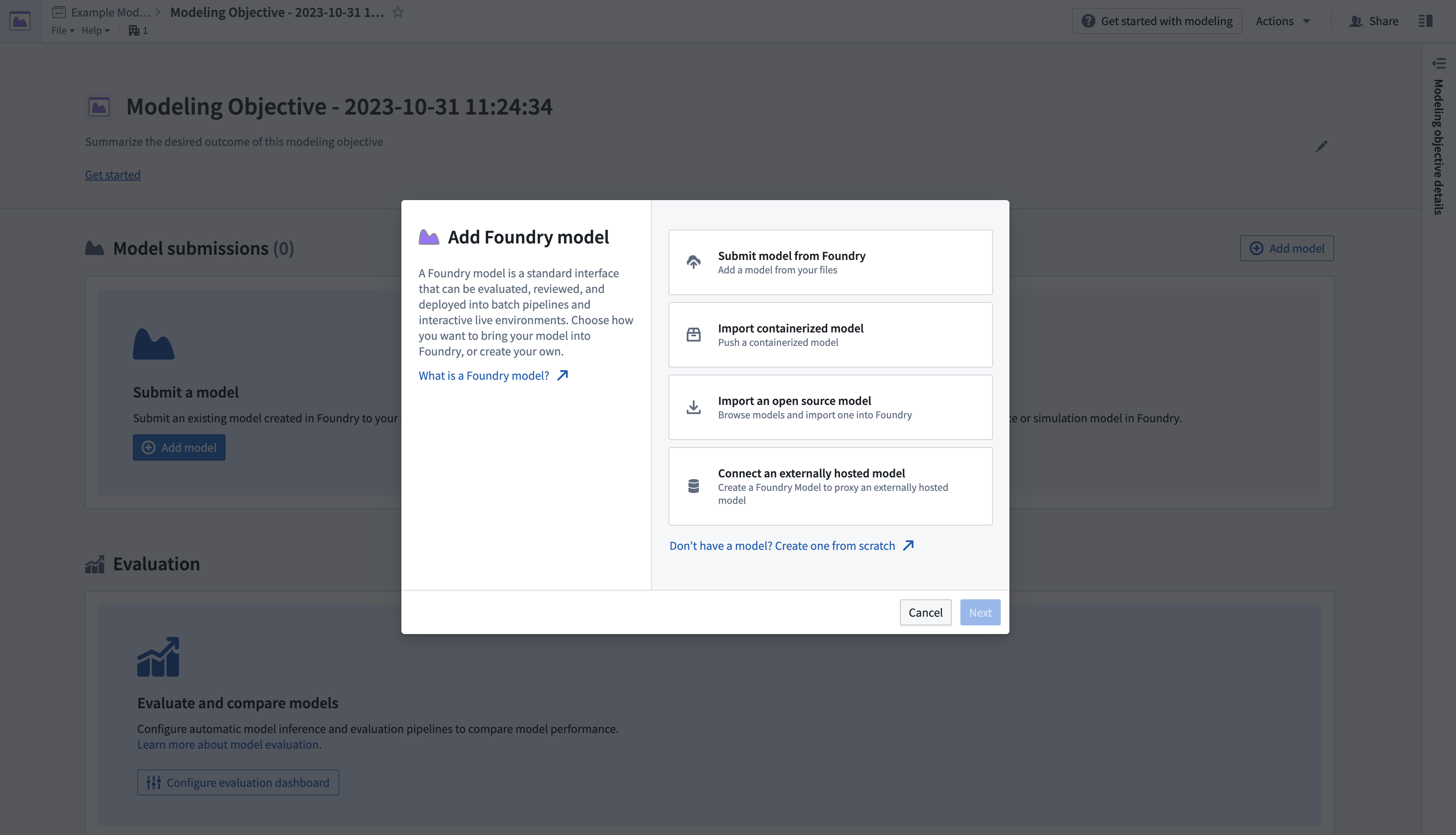 An Add Foundry model pop-up, with options for ways to add models to the platform. 