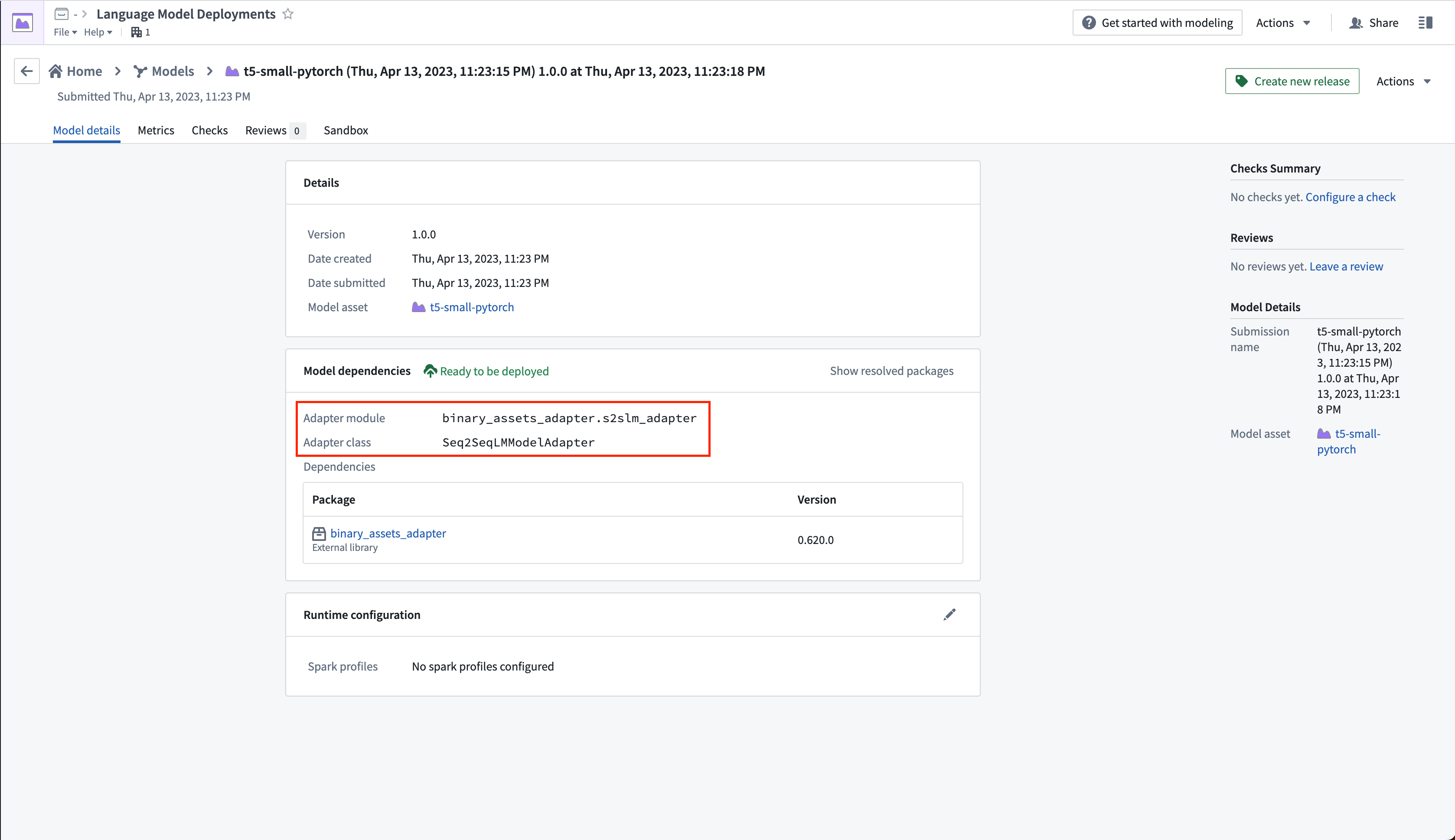 Model submission page in the Modeling Objectives application showing the model adapter in use