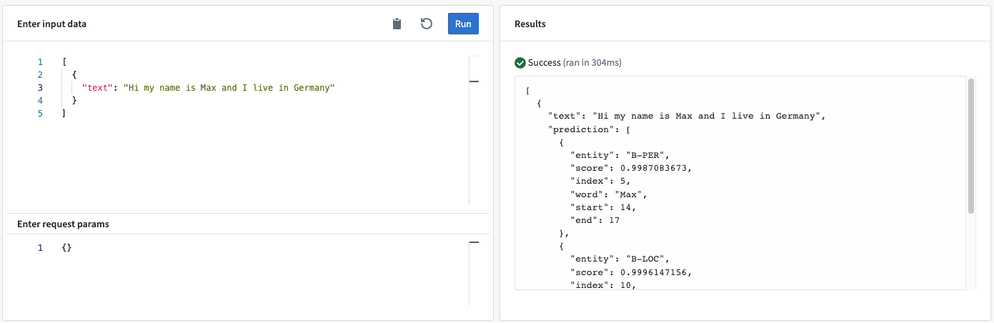 Example named entity recognition query in a live sandbox deployment