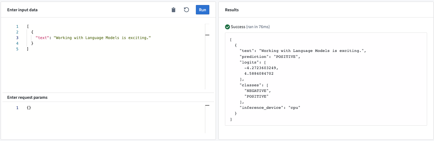 Example of text classification query in a live sandbox deployment