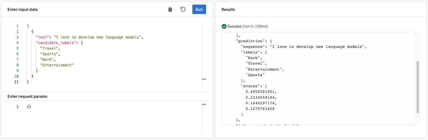 Example of ZeroShot classification query in a live sandbox deployment