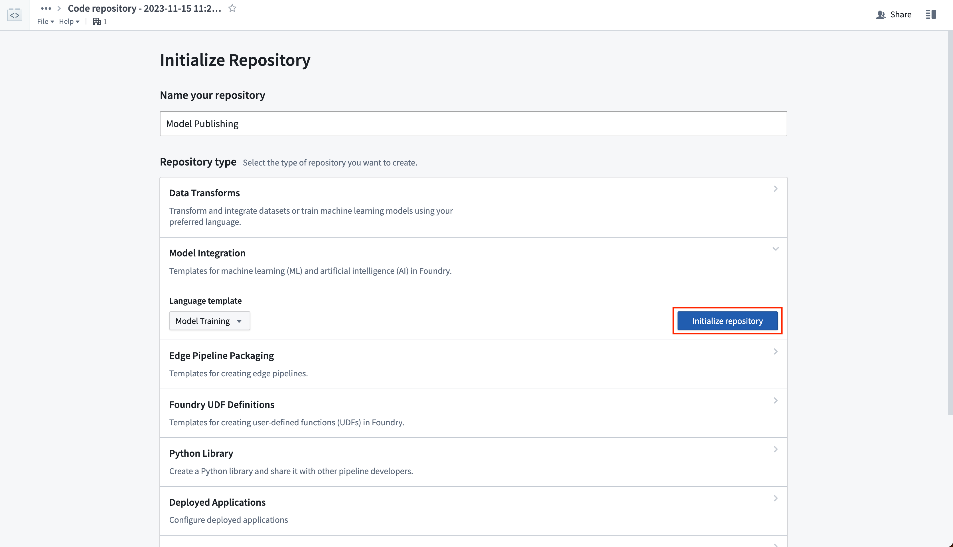 The Initialize Repository page in the Code Repositories application.