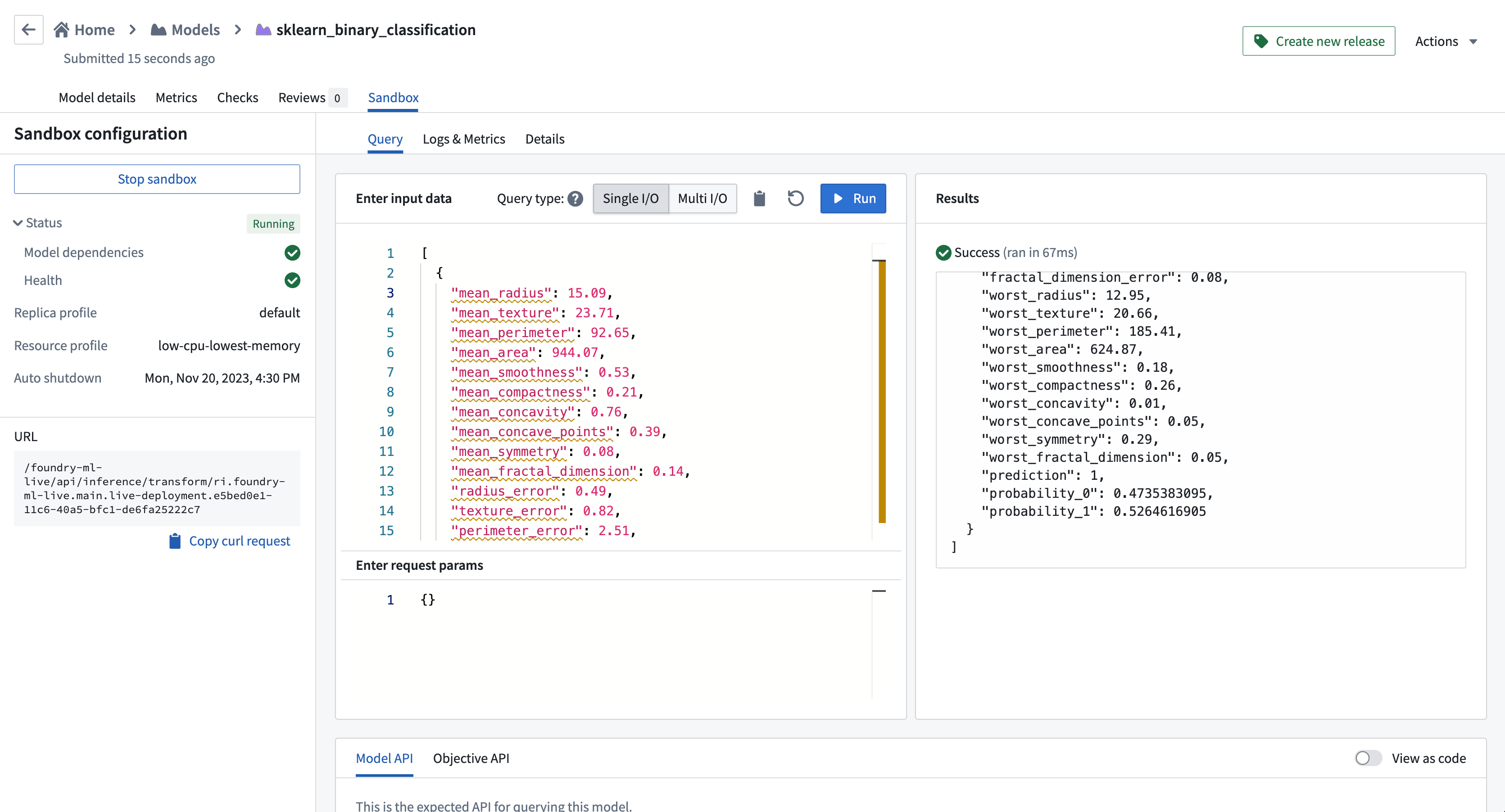 A sandbox deployment for a scikit-learn binary classification model.