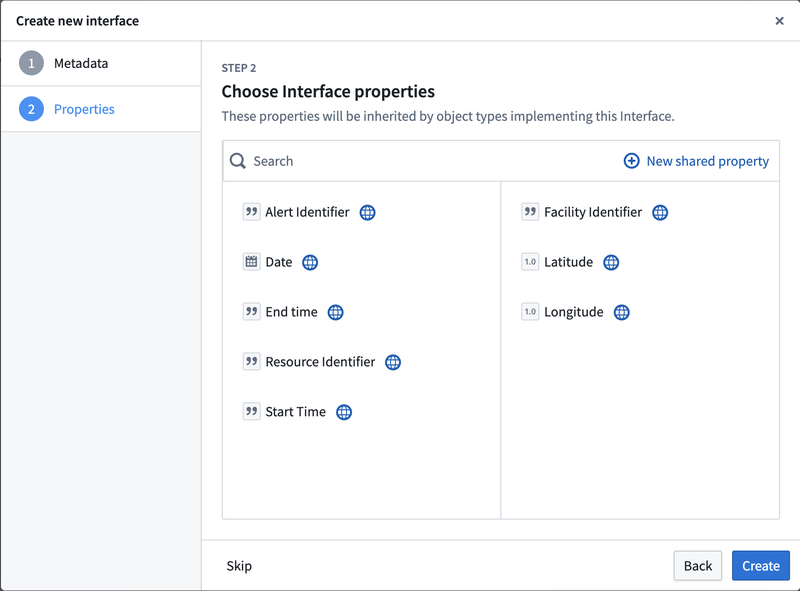 Interface shared property selection