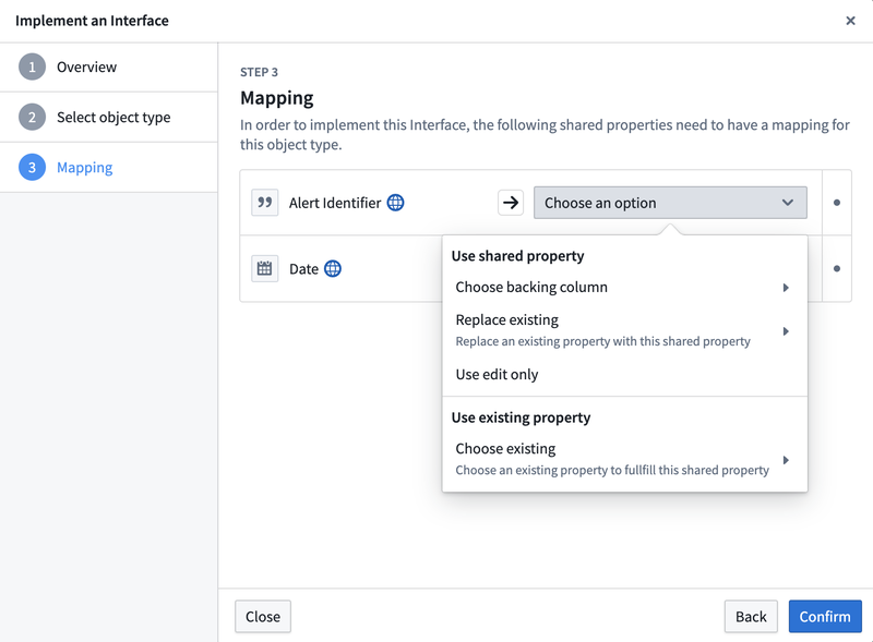 Map properties between the interface and the implementing object type.