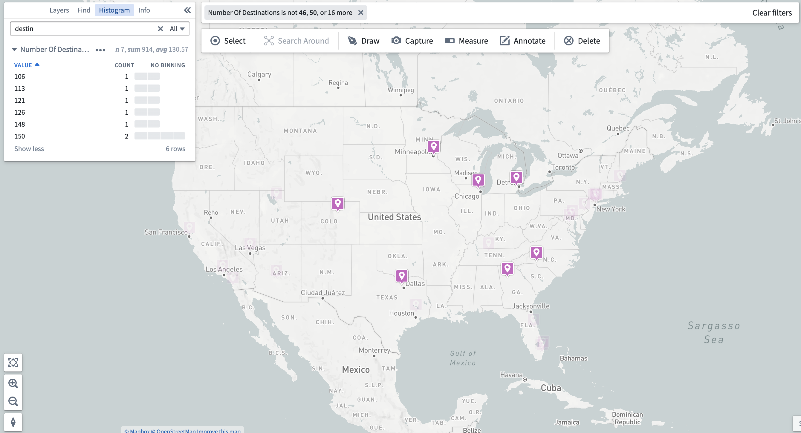 Map of the United states with objects shown after filter has been applied