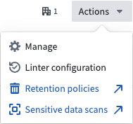 The Actions dropdown on listed spaces showing the Linter configuration option.