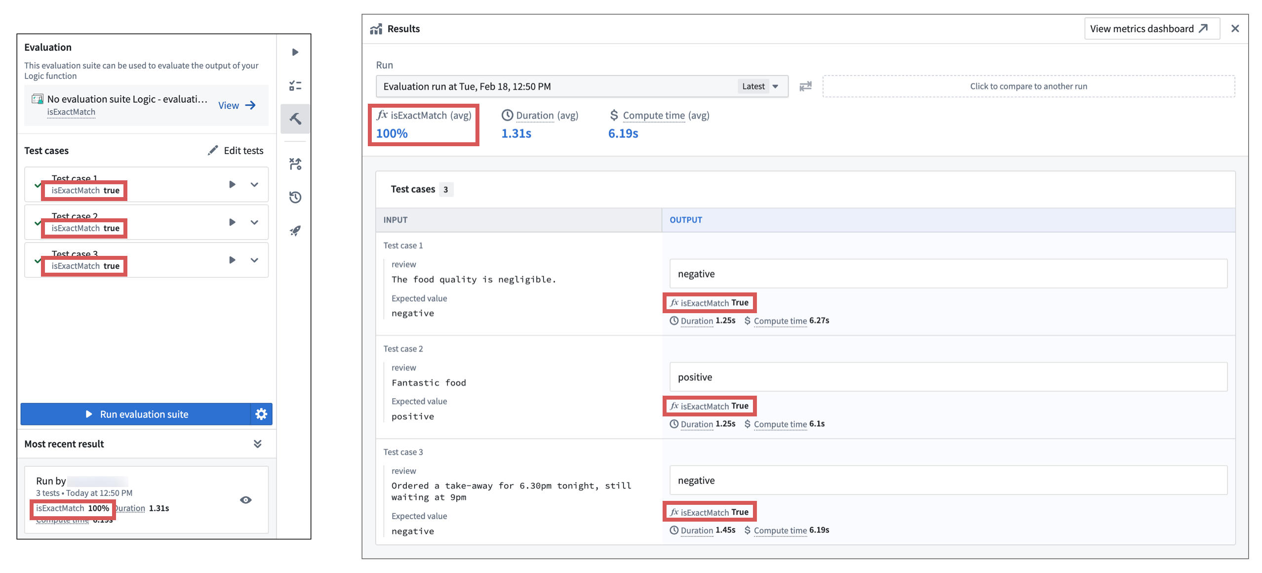 Review results with string match evaluator.