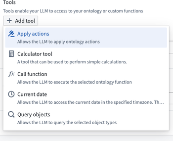 AIP Logic tools available for selection: Apply actions, Call function, Query objects, Calculator tool.