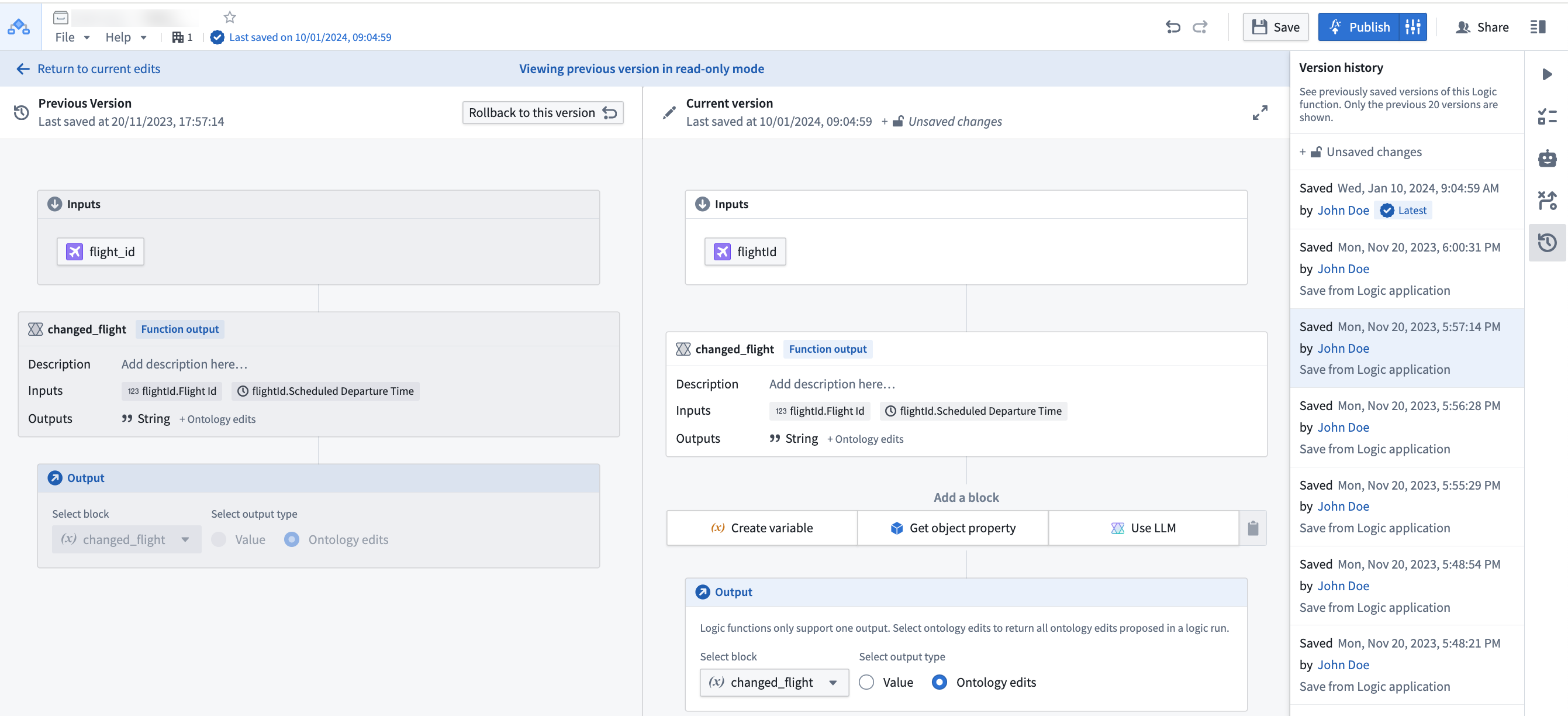 AIP Logic past version panel and preview.