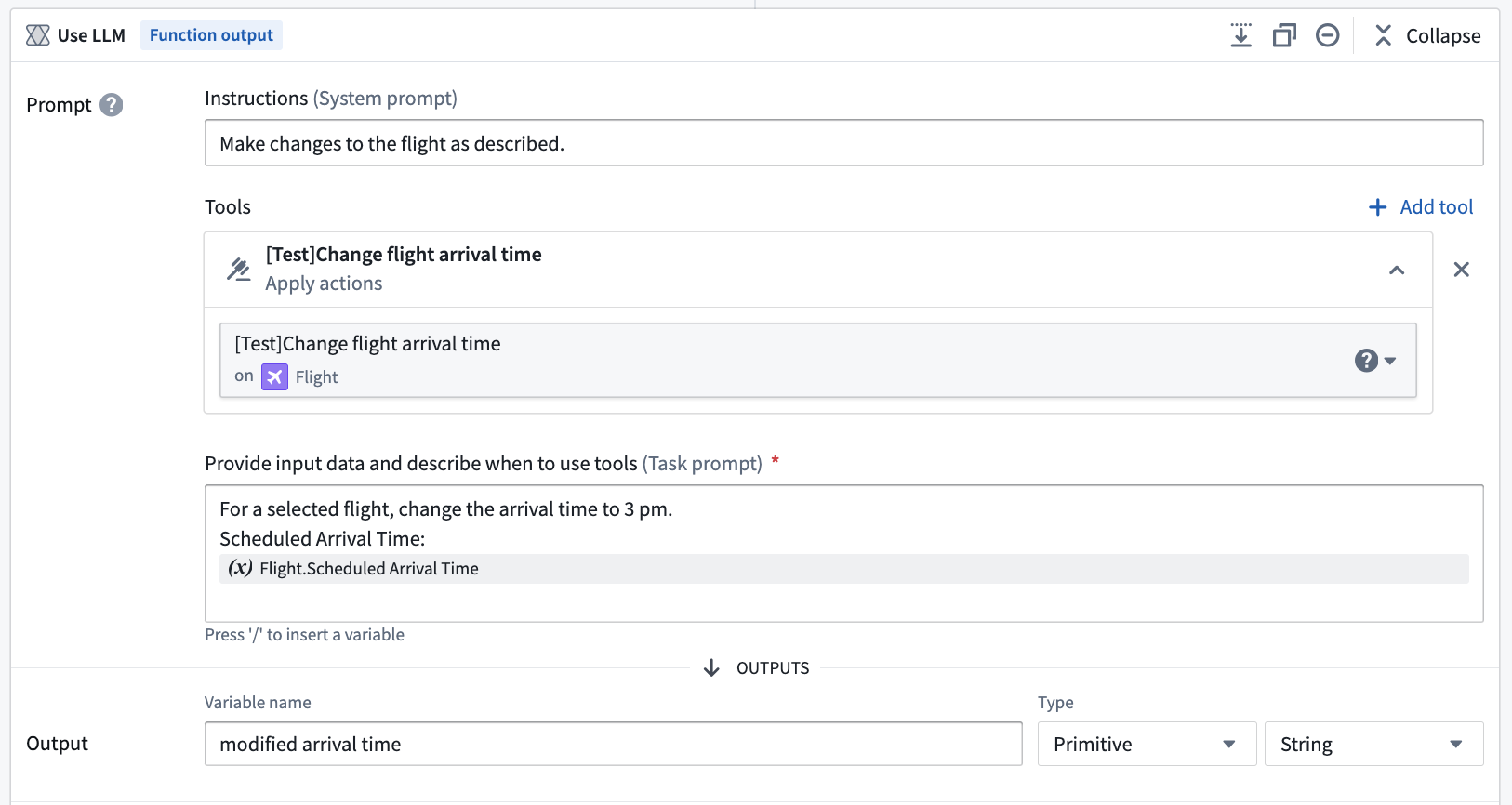 Example showing Apply actions tool with prompt to "Make changes to the flight as described" where an action has been preselected from a dropdown menu.