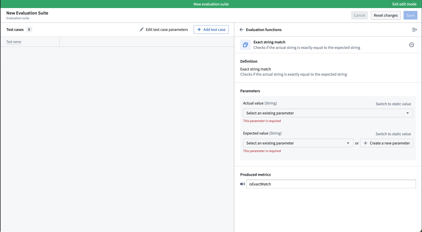 Evaluation function configuration panel with function parameters.