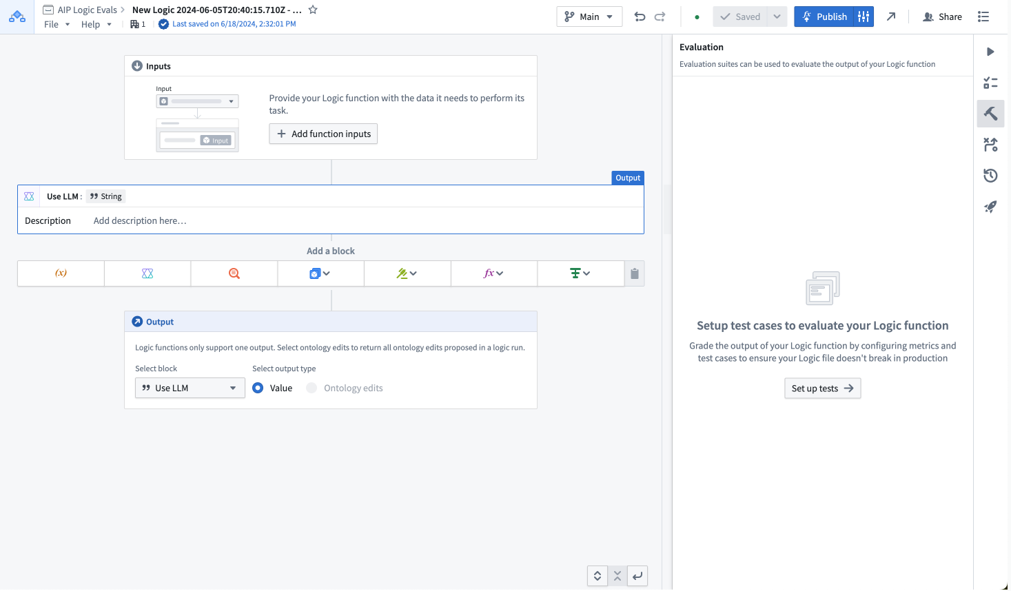 Evaluations side panel in a AIP Logic function.