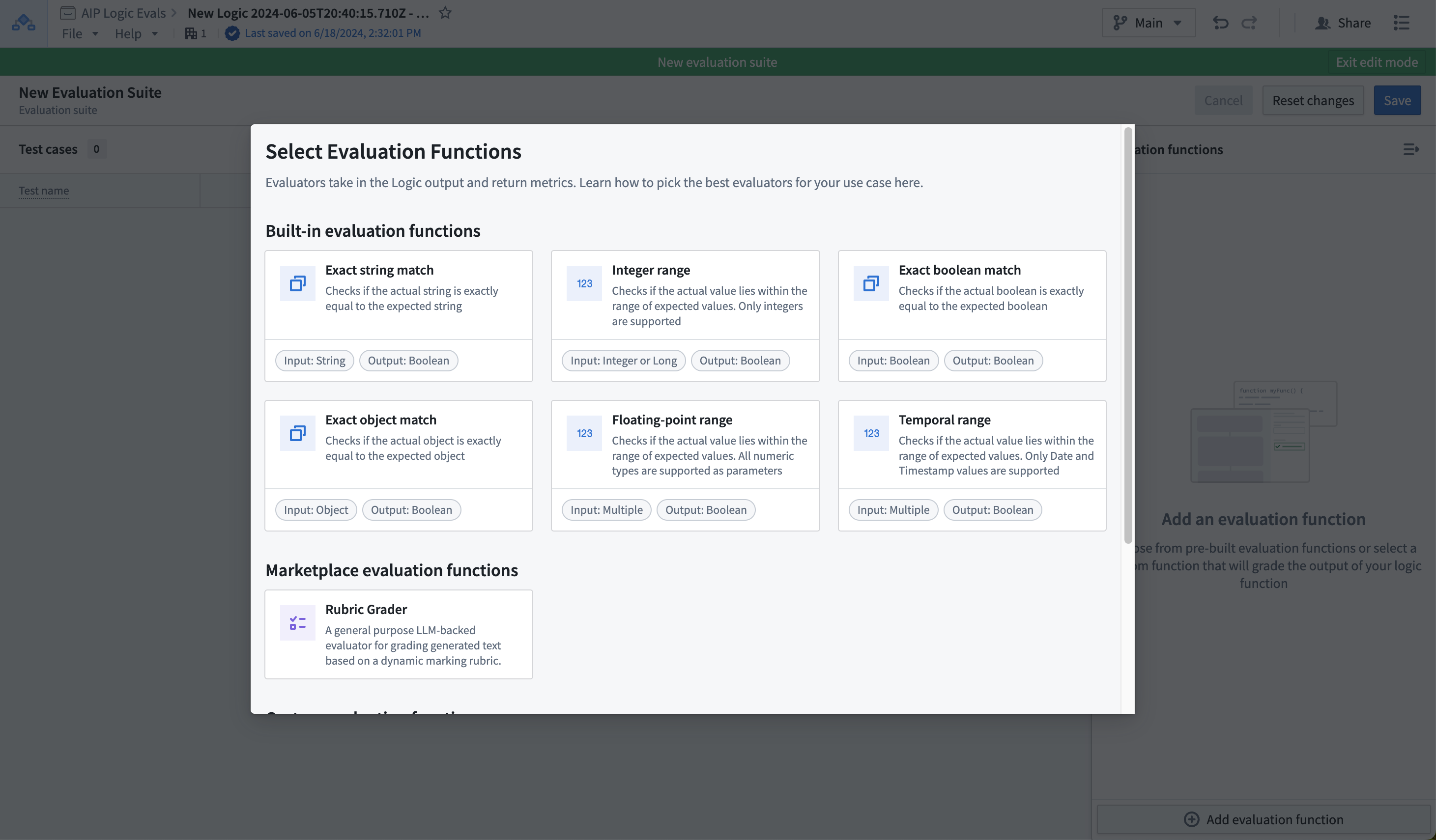 Evaluation function selection window.