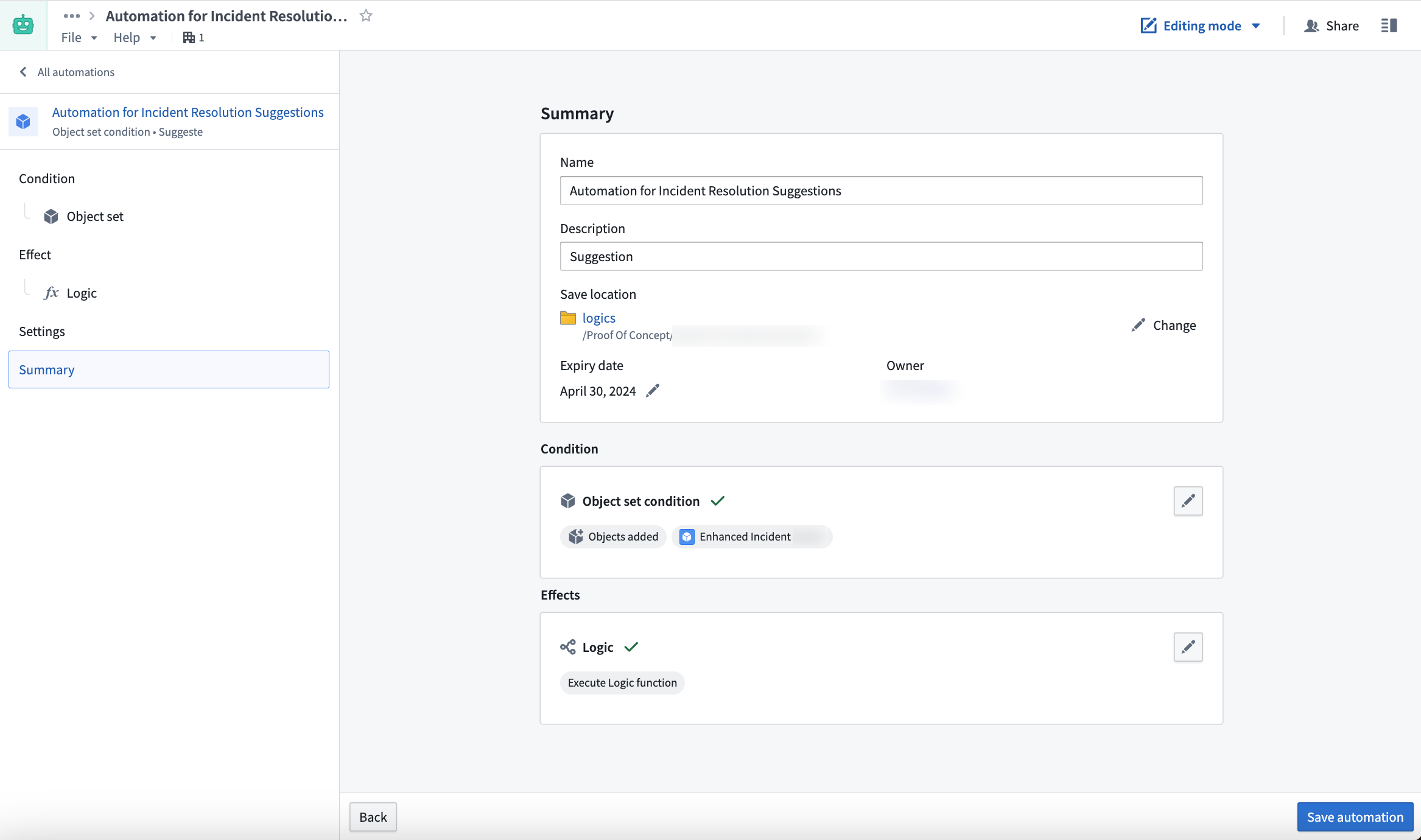 Automation configuration screen