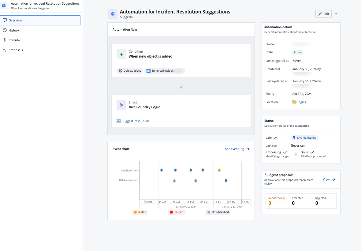 Automation overview page showing the options available to review agent proposals.