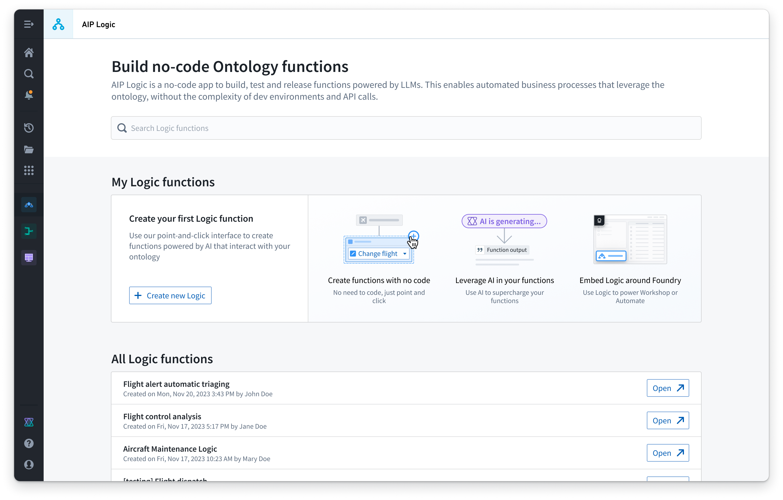 Introductory screen for AIP Logic, containing a button to create new Logic and a space listing your Logic functions.