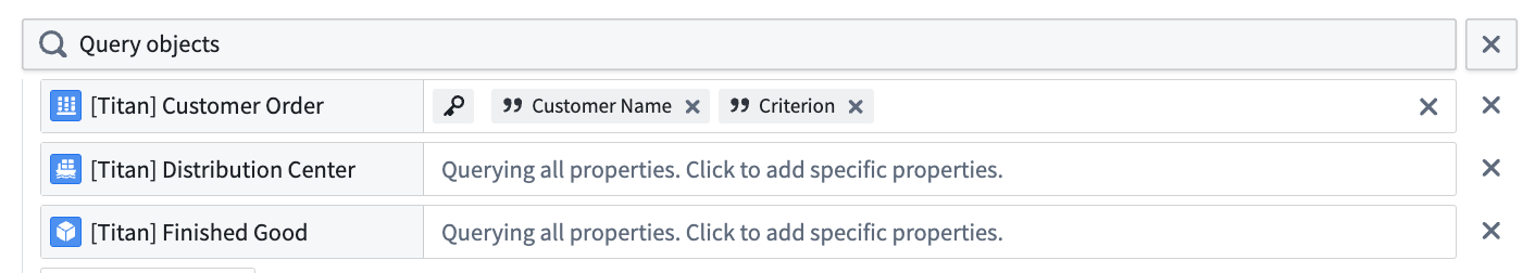 Query objects tool with three objects of "[Titan] customer order", "[Titan] Distribution center", and "[Titan] Finished good" added.