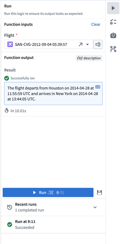 Run view with flight example in result box.