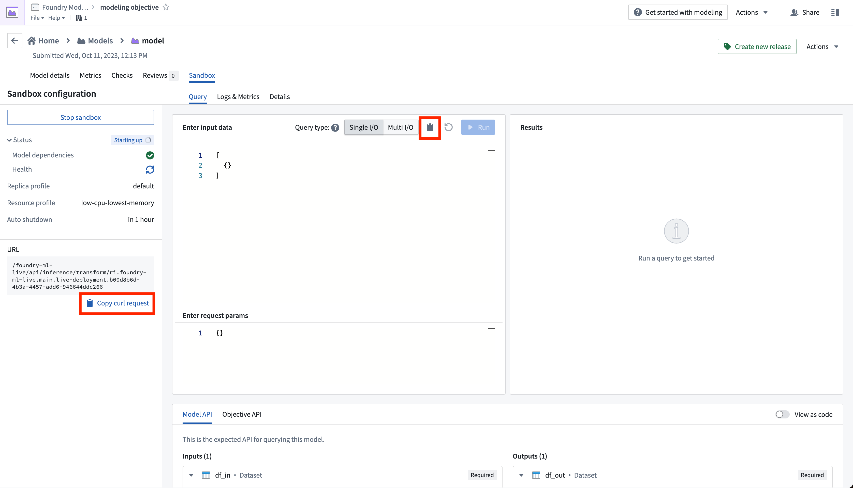 The deployment sandbox, with the environment URL visible on the left.