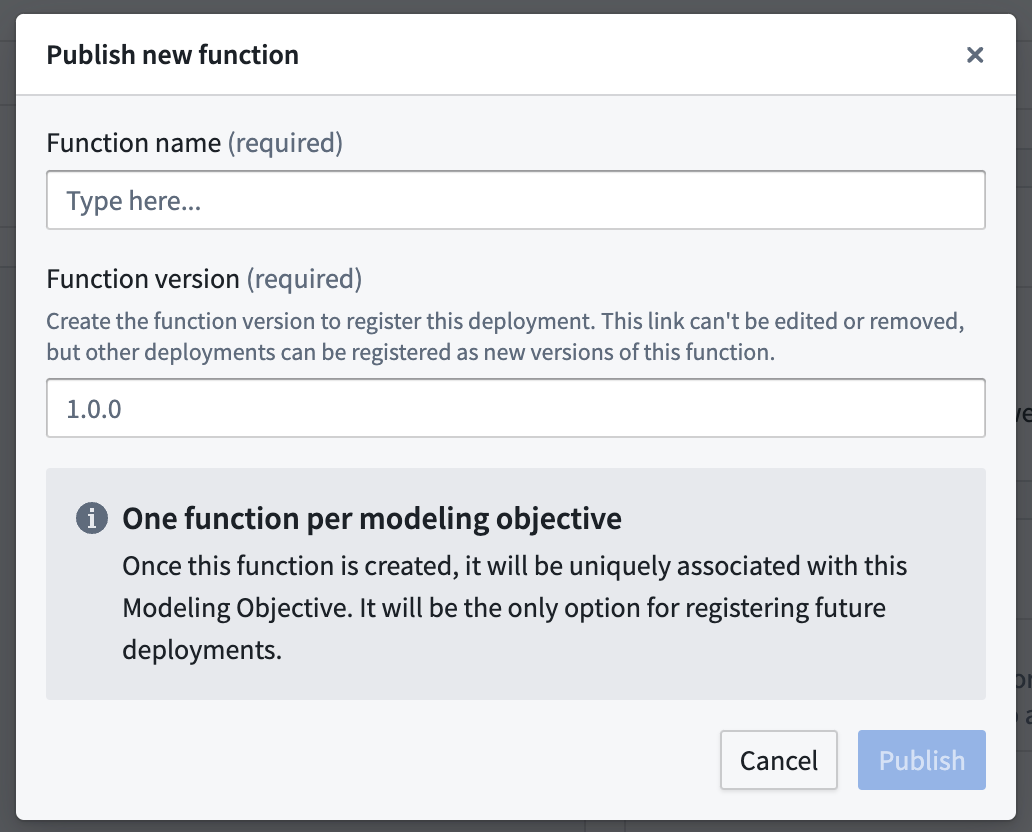 Publish new function dialog