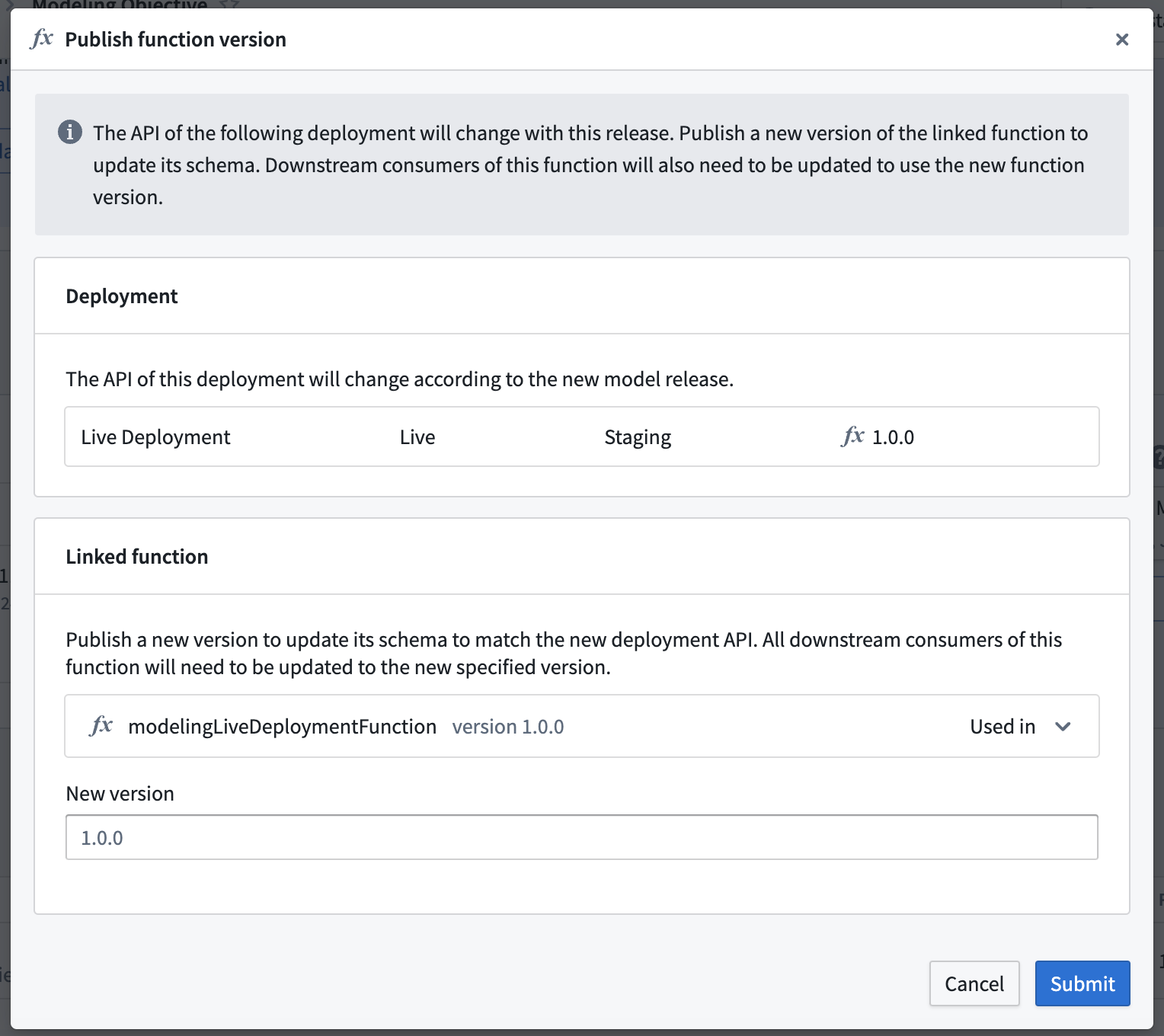 Publish new function version dialog