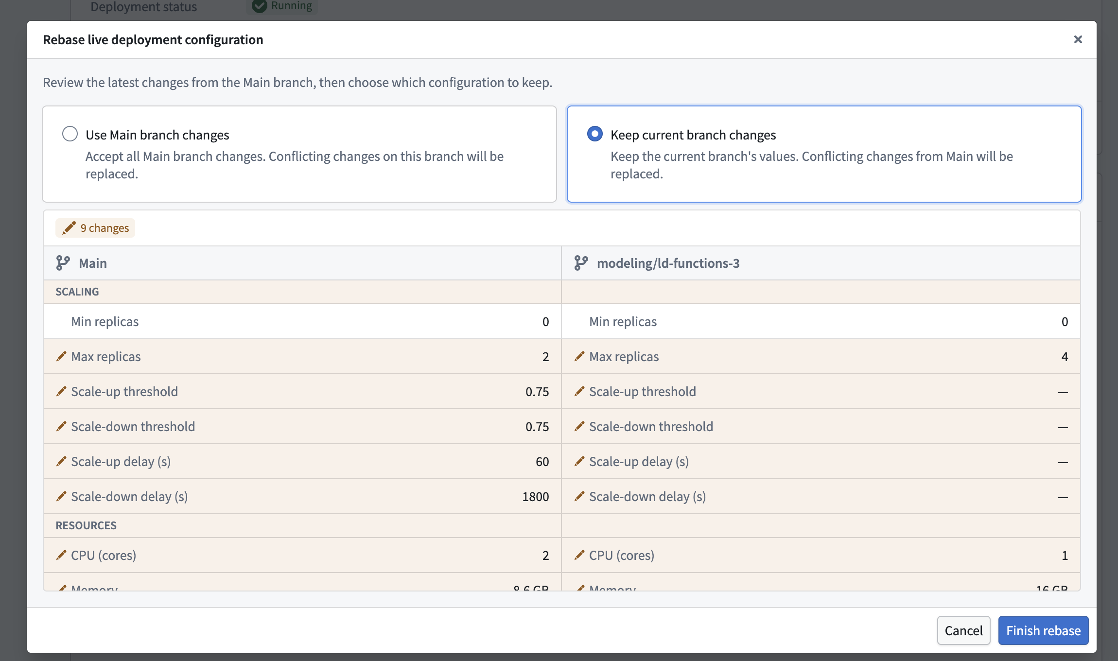 Choosing which live deployment configuration to keep while rebasing.