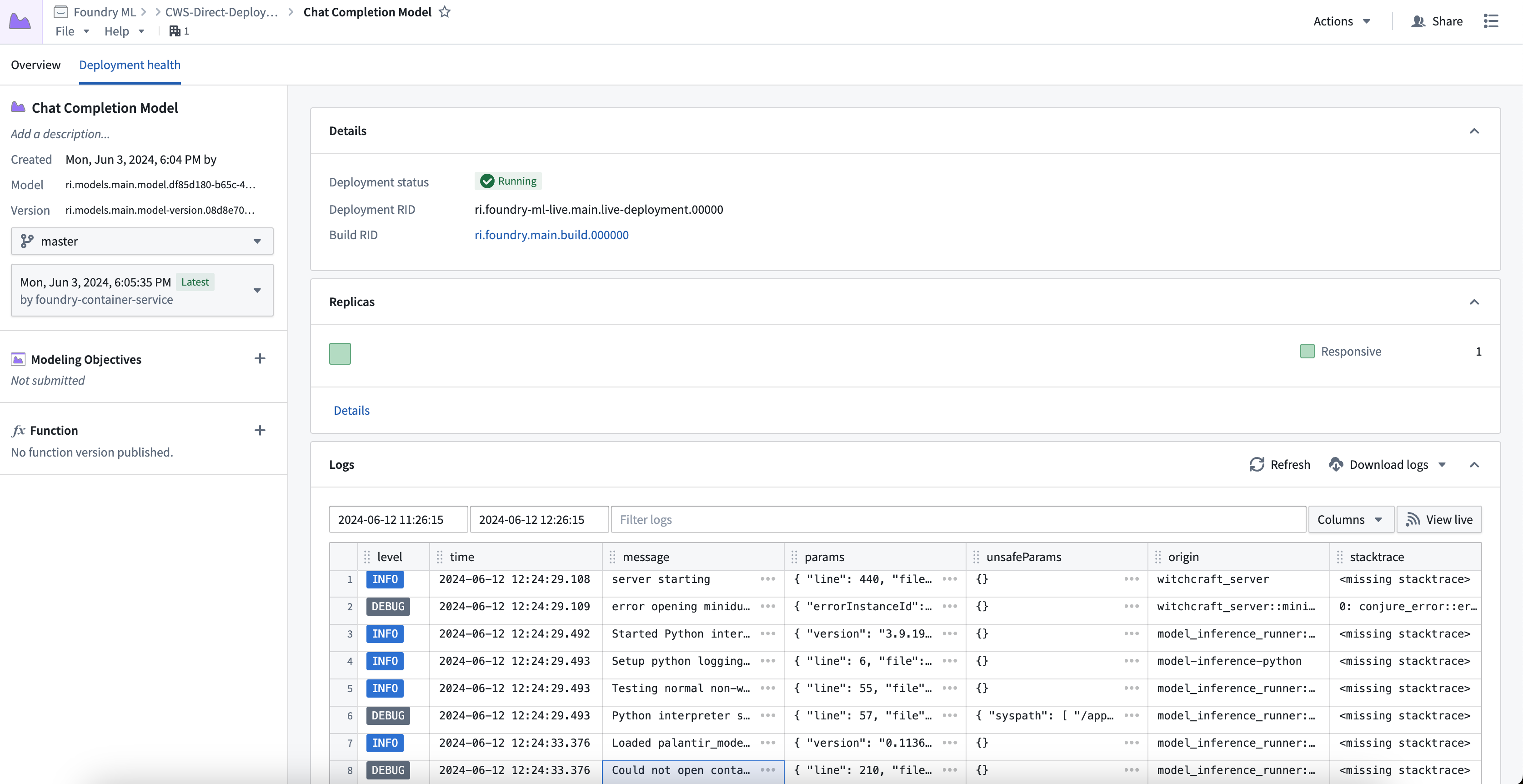 Debug a direct model deployment from the model artifact page.