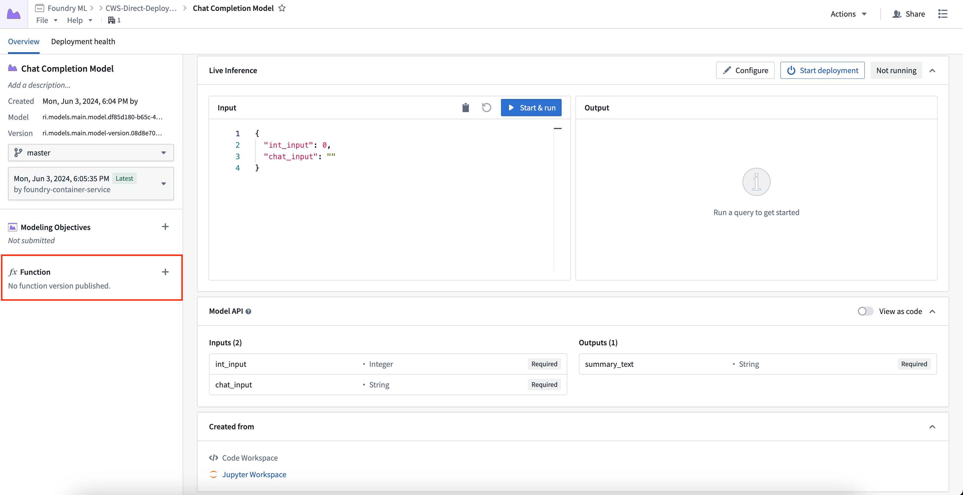 Publish a Function direct model deployment from a model.