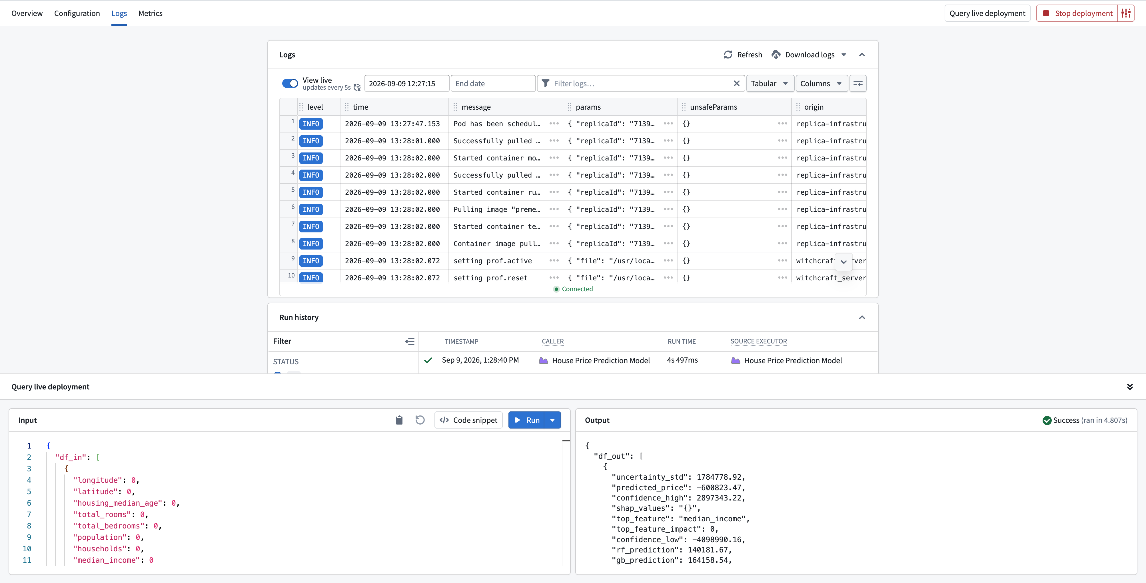 View logs and run history for a direct model deployment.