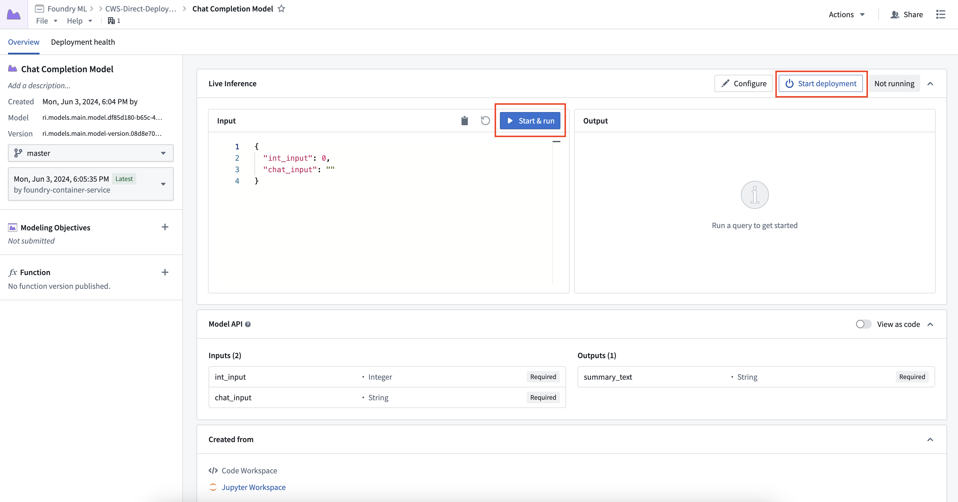 Create a new direct model deployment in a model.