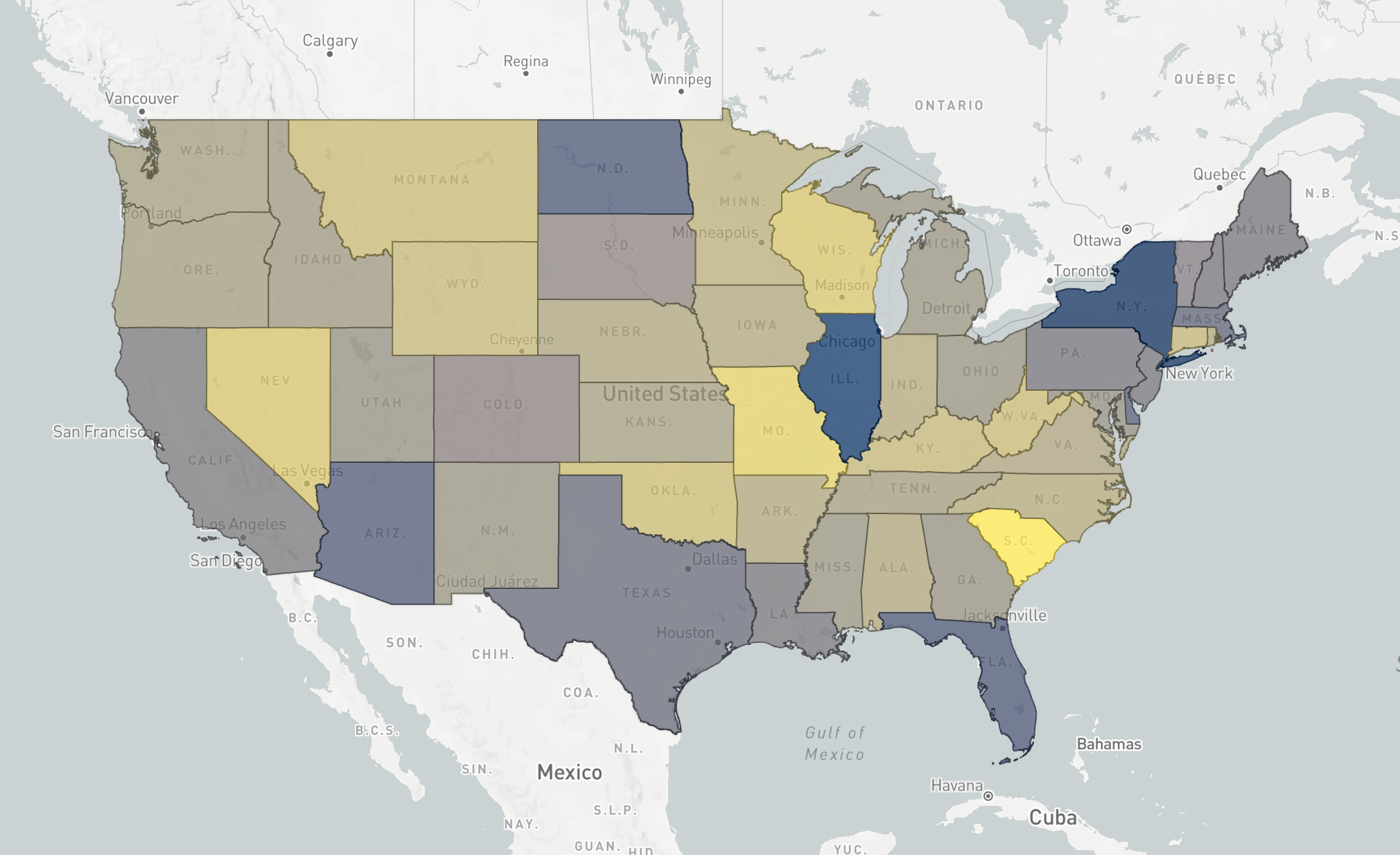 Choropleth map showing severity of traffic accidents by US State.