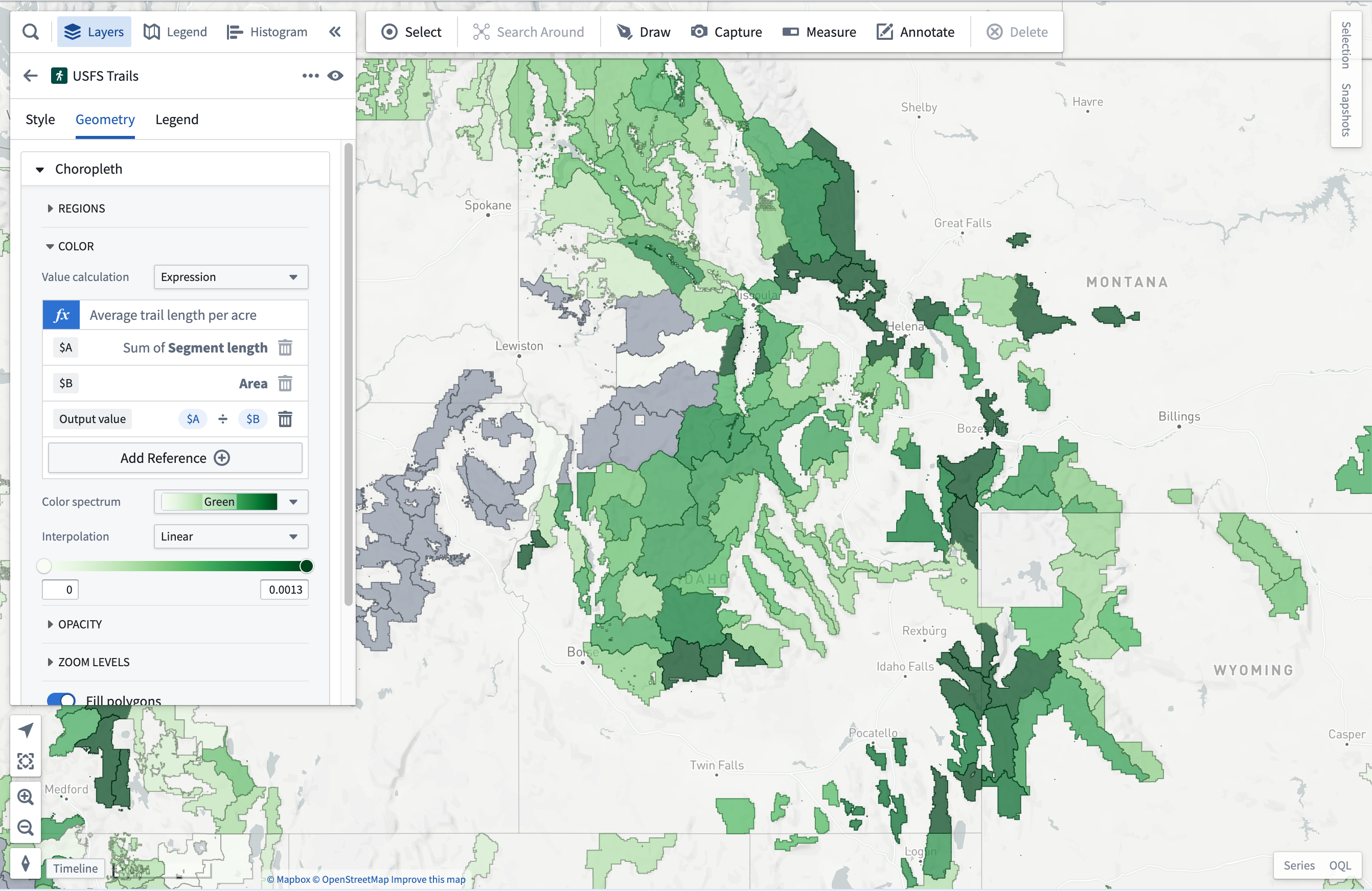 Choropleth map showing trail density by US Forest Service Ranger District.