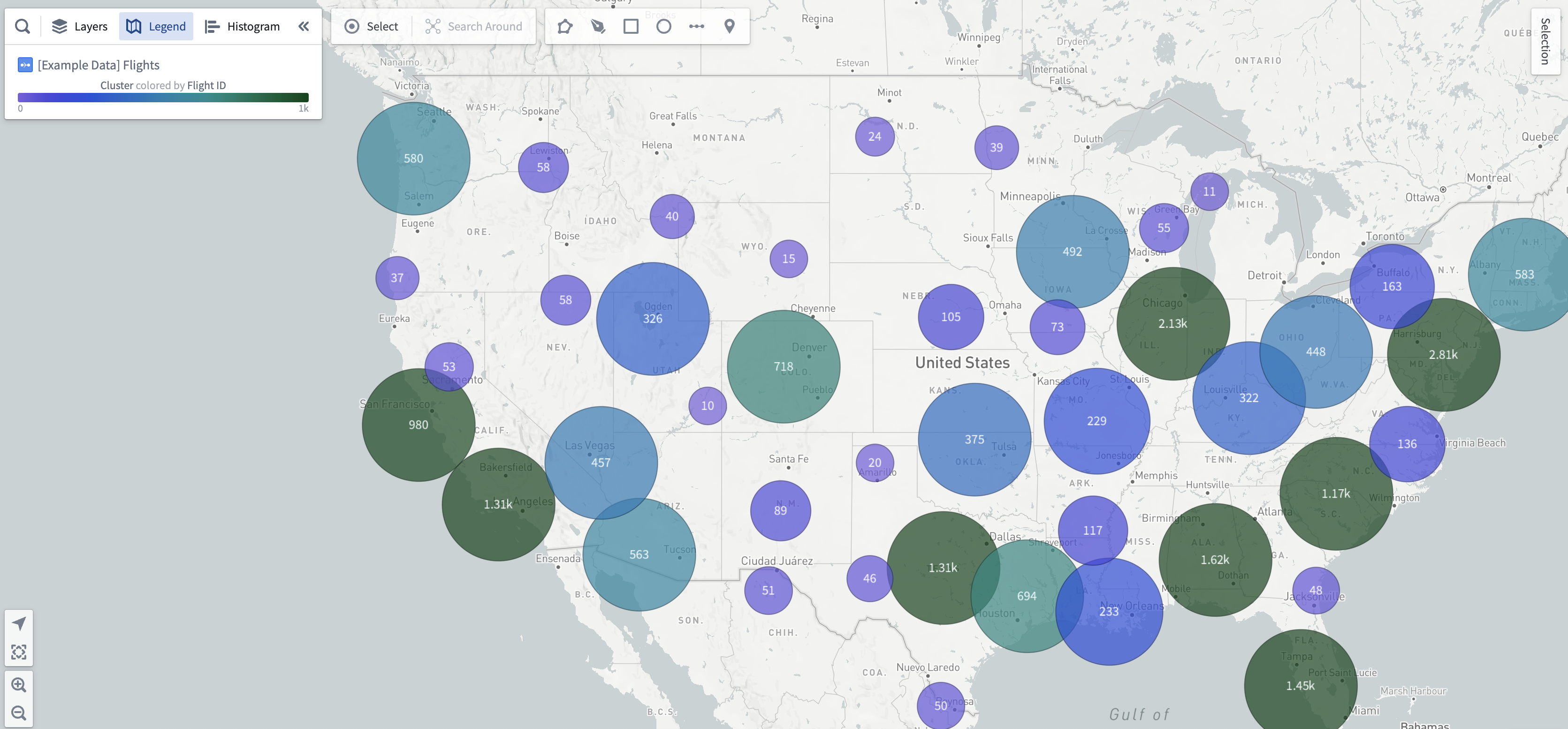 Cluster map showing total departing flights.