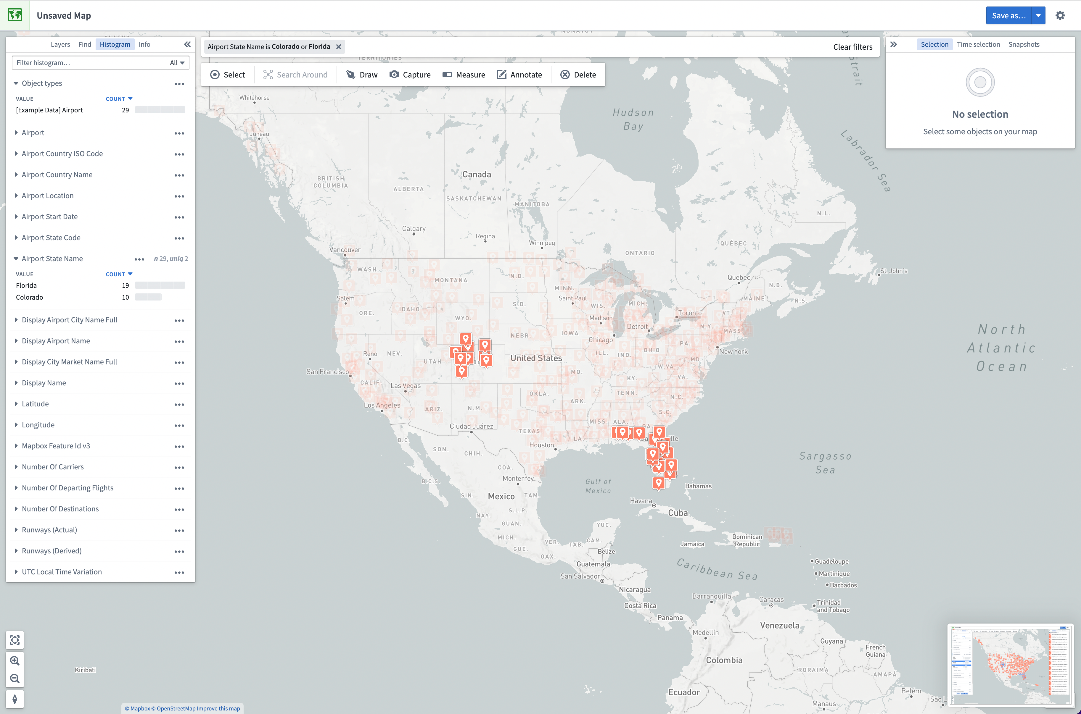 Map application with objects filtered in