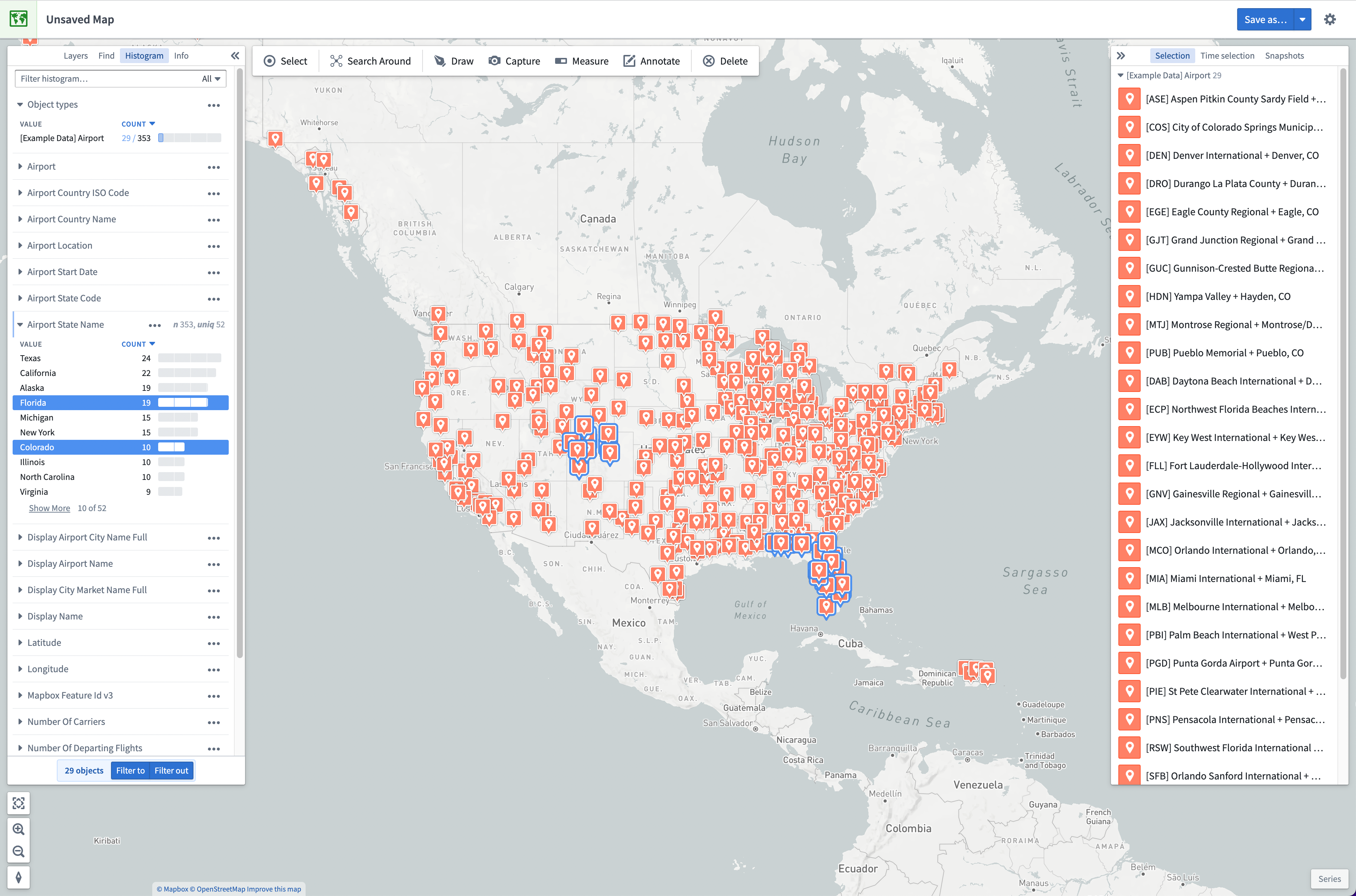 Map application with histogram row selected