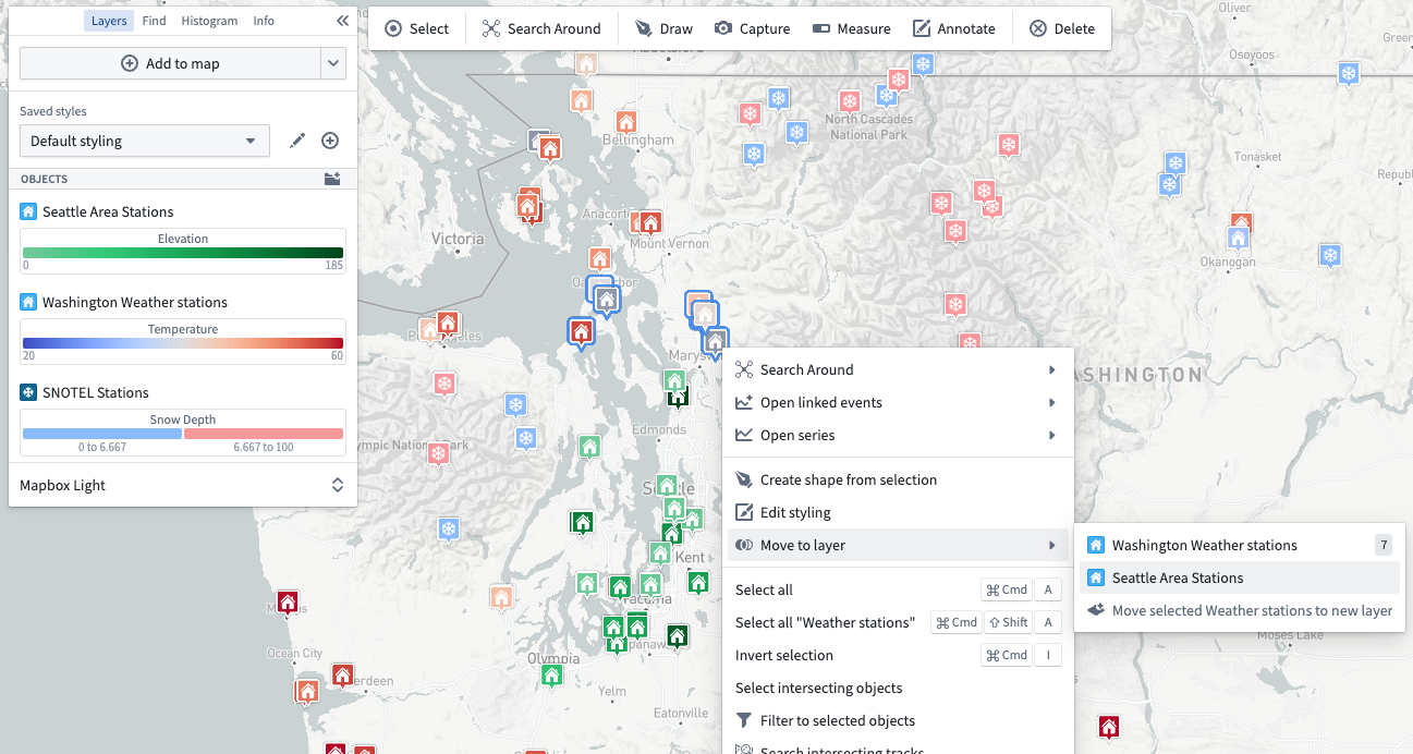 Moving weather station objects to an existing layer