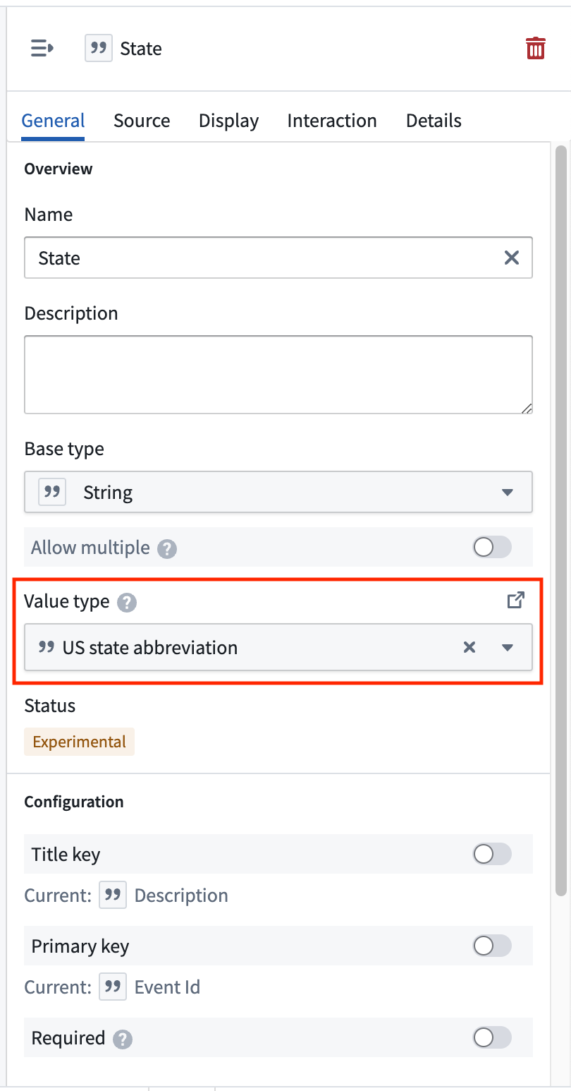 Image of the Value Type dropdown menu in the Ontology Manager