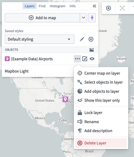 Map application with layer actions menu open