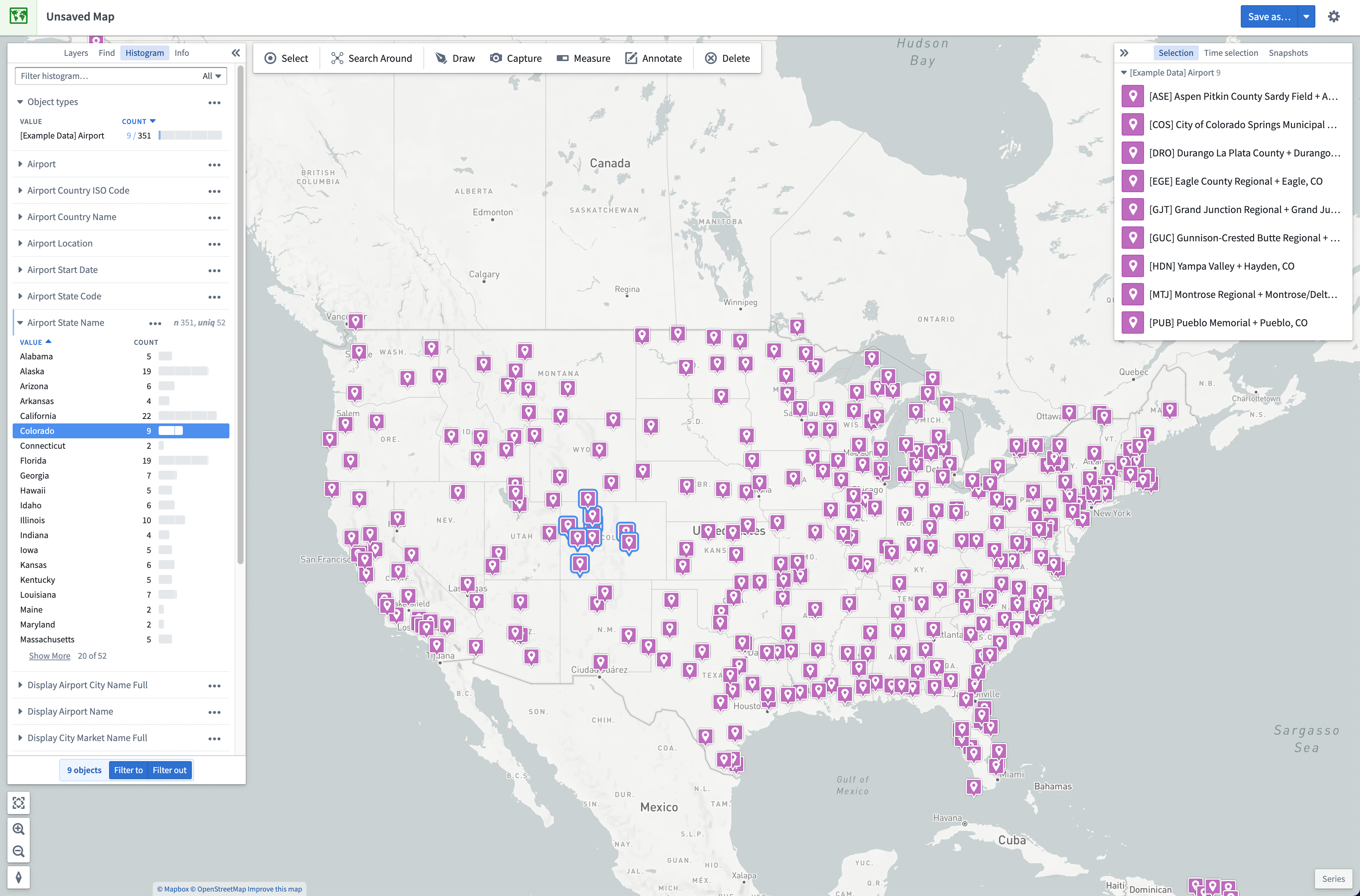 Map application with histogram row selected