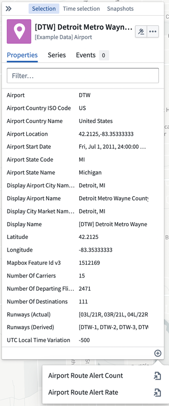 Selection panel with open derived properties menu