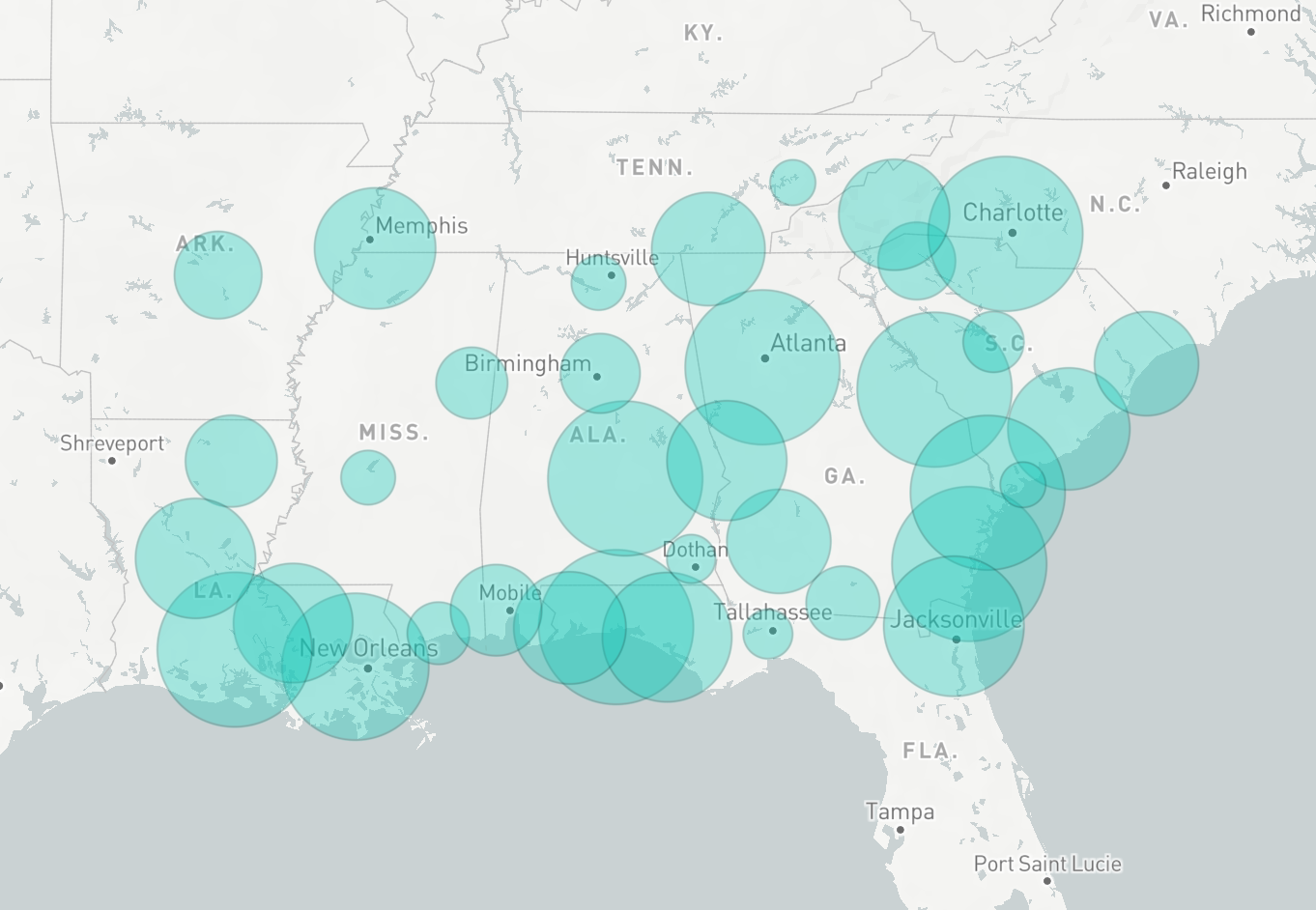 Airports with different circle sizes.