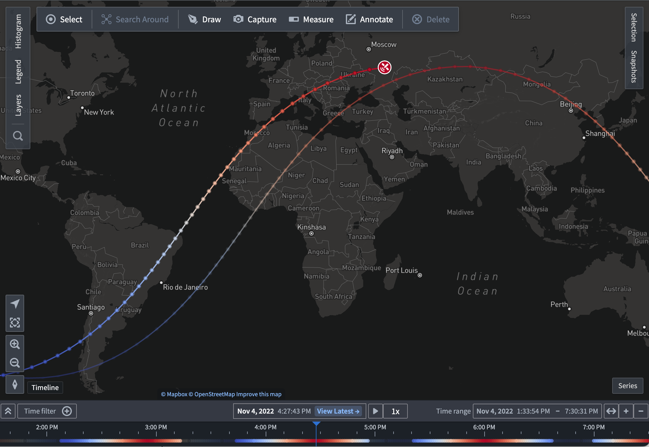 Track breadcrumbs example allowing a user to see the exact time at which object positions were recorded.